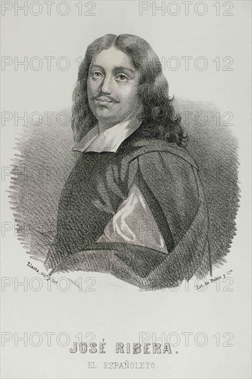 Jusepe de Ribera (1591-1652) called Lo Spagnoletto. Spanish painter. Illustration by Llanta. Portrait. Lithography. Cronica General de España. Historia Ilustrada y Descriptiva de sus Provincias. Valencia, 1867.