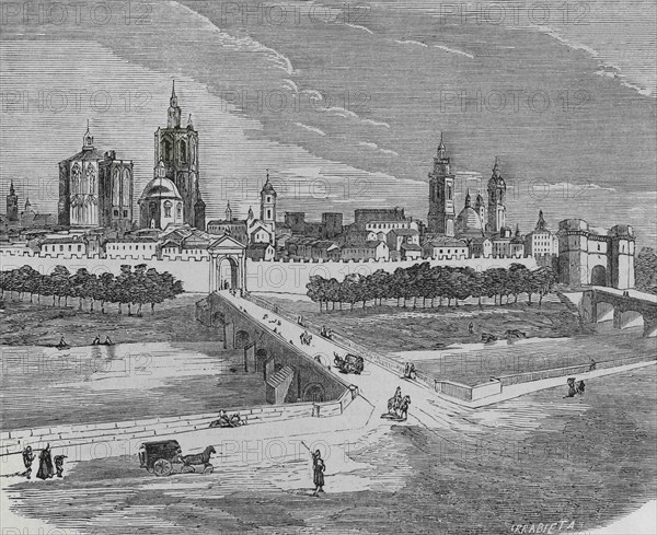 Spain, Valencia. Panoramic of the city. Illustration by Urrabieta, 19th century. Engraving. Cronica General de España. Historia Ilustrada y Descriptiva de sus Provincias. Valencia, 1867.