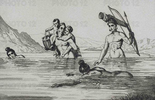 United States of America. 16th century French expedition. Florida. Natives fording a river. Jacques Le Moyne de Morgues (1533-1588) made the illustrations during the expedition. 19th century engraving by Vernier after the original of Jacques Le Moyne. Panorama Universal. History of the United States of America, from 1st edition of Jean B.G. Roux de Rochelle's Etats-Unis d'Amérique in 1837. Spanish edition, printed in Barcelona, 1850.