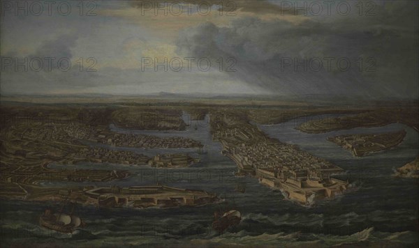 Attributed to Giuseppe Caloriti (1681-ca.1740). Italian painter. View of Valletta and the Three Cities, ca.1733. Depiction of an extensive panoramic elevated view of the newly built capital city of Valletta and its two harbours. National Museum of Fine Arts. Valletta. Malta.