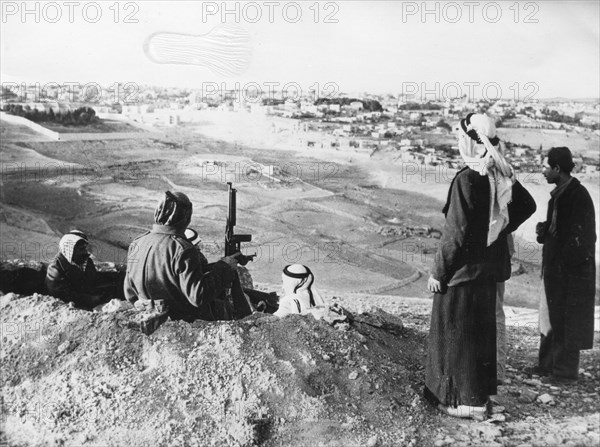 Arab soldiers at a guardhouse high above the area surrounding Jerusalem