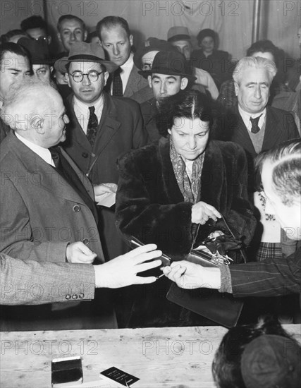 David Ben Gurion and his wife present their identity cards during the lead-up period to the 1949 elections in Israel