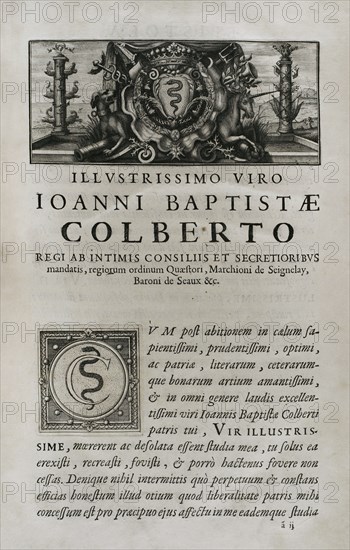 Illustrisimo Viro Ioanni Baptistae Colberto,  marquis de Seignelay (1651-1690). "Marca Hispanica sive limes hispanicus". Book written in Latin by Pierre de Marca (1594-1662). In 1656 he was commissioned to formalise the border treaty between the kingdoms of France and Spain, a task that was reflected in this collection of five books, making the French people aware of the annexed province of Catalonia in 1641. Etienne Baluze enlarged and edited it. Published in Paris by François Muguet in 1688.