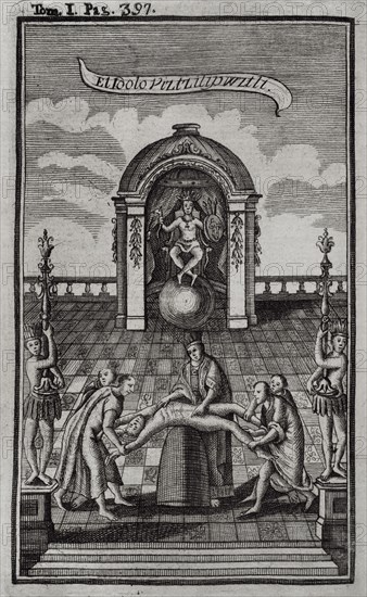 Idol Vitzliputzli (Huitzilopochtli). Mexican idol. Engraving. "Historia de la Conquista de México, población, y progresos de la América septentrional, conocida por el nombre de Nueva España" (History of the Conquest of Mexico, population, and progress of northern America, known by the name of New Spain). Written by Antonio de Solís y Rivadeneryra (1610-1686), Chronicler of the Indies. Volume I. Edition published in Barcelona and divided into two volumes, 1771. King's printer: Thomas Piferrer.