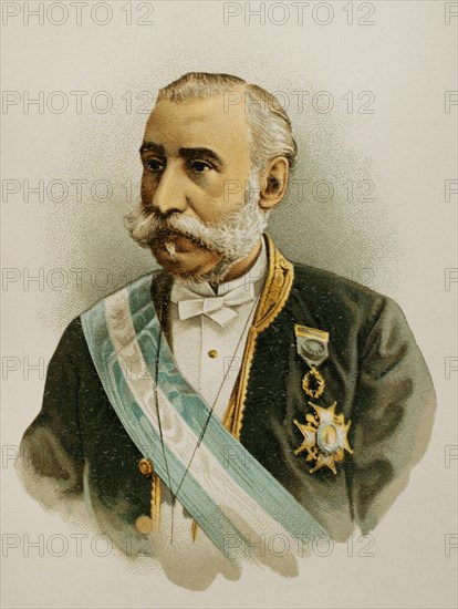 Manuel Alonso Martínez (1827-1891). Spanish jurist and politician, and the principal redactor of the Spanish Civil Code. President of the Congress of Deputies in 1889. Minister of Public Works, Finance and Justice and Grace. Portrait. Chromolithography. "Historia General de España" (General History of Spain), by Miguel Morayta. Volume VIII. Madrid, 1894.