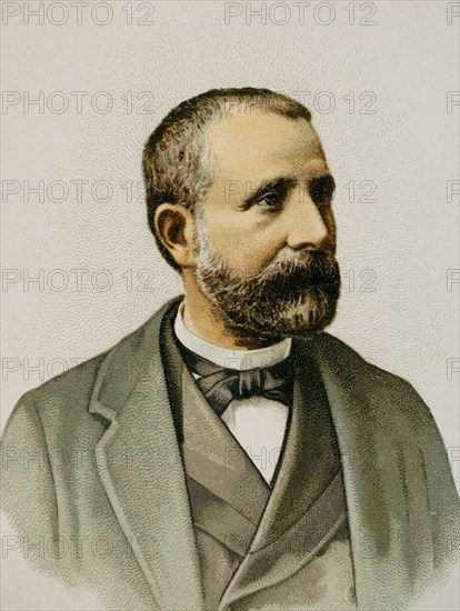 Gaspar Núñez de Arce (1832-1903). Spanish poet and politician. He took an active part in the Glorious Revolution of September 1868 to dethrone Isabella II. Minister of Overseas in 1883 in the government presided over by Sagasta. Portrait. Chromolithography. "Historia General de España" (General History of Spain), by Miguel Morayta. Volume VIII. Madrid, 1894.