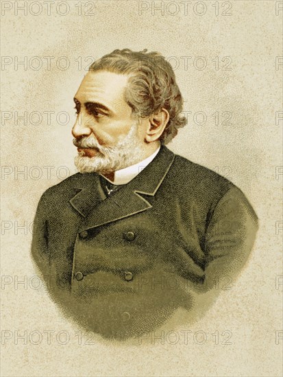 Práxedes Mateo Sagasta (1825-1903). Leader of the Liberal-Progressive Party. President of the Spanish Council of Ministers on several occasions between 1870 and 1902. Portrait. Chromolithography. "Historia General de España" (General History of Spain), by Miguel Morayta. Volume VIII. Madrid, 1894.