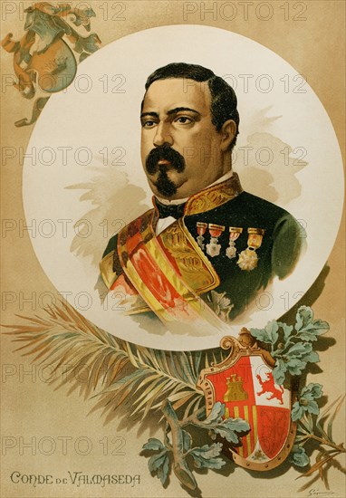 Blas de Villate y de la Hera (1824-1882). 1st count of Valmaseda. Spanish general. Captain General of the island of Cuba, in three appointments between 1867 and 1872. In February 1881, he was appointed Captain General of Castilla la Nueva (New Castile). Portrait. Chromolithography. General History of Spain, by Miguel Morayta. Volume VII. Madrid, 1893.