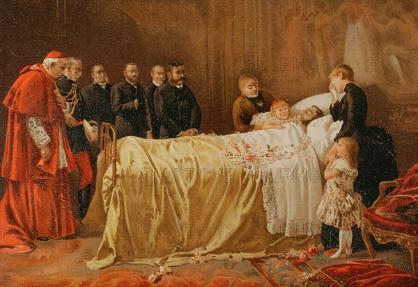 Death caused by tuberculosis of the King of Spain, Alfonso XII (1857-1885) on 25 November 1885. His widow, Queen Maria Cristina, the monarch's second wife, is depicted at the head of the bed. Illustration after the painting by Benlliure y Gil ("Death of Don Alfonso XII, the Last Kiss"). Chromolithography. "Historia General de España" (General History of Spain), by Miguel Morayta. Volume IX. Madrid, 1896.