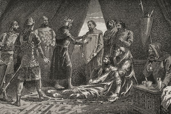 Legend of the Four Blood Bars. As Wilfred the Hairy (840-897) lay dying, the French King Charles the Bald (823-877) offered him a coat of arms in gratitude for his services. The king doused one of his hands in Wilfred's blood and ran four fingers over the count's golden shield, forming the four bars. Engraving. ""Glorias Espanolas"" (Glories of Spain). Volume II. Published in Barcelona, 1890.