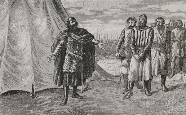 Iberian Peninsula. Rodrigo Diaz de Vivar, El Cid, (ca. 1048-1099) and the Count of Barcelona, Berenguer Ramon II (ca. 1053-1097), were in conflict because of the Count's involvement in Taifa disputes. El Cid took Berenguer Ramon II prisoner on two occasions. Count Berenguer Ramon II before El Cid. Engraving by Serra Pausas. ""Glorias Espanolas"" (Glories of Spain). Volume II. Published in Barcelona, 1890.