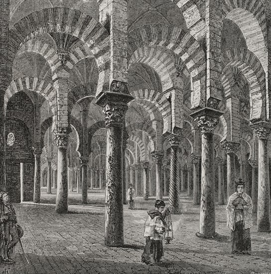 Cordoba, Andalusia, Spain. Great Mosque of Cordoba or Cathedral of Our Lady of the Assumption. Interior. Engraving. ""Glorias Espanolas"" (Glories of Spain). Volume II. Published in Barcelona, 1890.