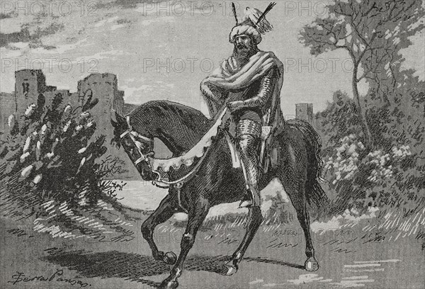 Abu Amir al-Mansur (ca. 939-1002). Muslim Arab Andalusi military leader and statesman. Ruler of the Umayyad Caliphate of Cordoba (978-1002). Equestrian portrait. Engraving by Serra Pausas. ""Glorias Espanolas"" (Glories of Spain). Volume II. Published in Barcelona, 1890.