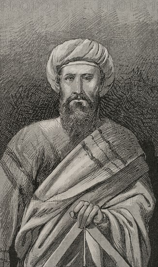 Solomon Ibn Gabirol (Solomon ben Yehuda ibn Gabirol Avicebron) (ca. 1021-ca. 1058). Spanish-Jewish Andalusi philosopher and poet, born in Malaga. Portrait. Engraving. ""Glorias Espanolas"" (Glories of Spain). Volume II. Published in Barcelona, 1890.