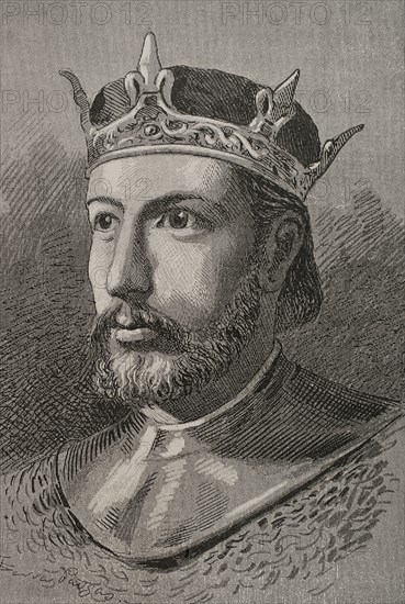 Sancho IV of Castile, so-called ""the Brave"" (1258-1295). King of Castile and Leon (1284-1295). Portrait. Engraving by Serra Pausas. ""Glorias Espanolas"" (Glories of Spain). Volume II. Published in Barcelona, 1890.