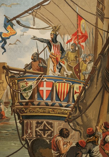 Conquest of Majorca by King James I (1208-1276). On 5 September 1229, the Aragonese squadron sailed from Tarragona, Salou and Cambrils with an imposing fleet of more than 150 ships to conquer Majorca. Departure of James I for the conquest of Majorca. Chromolithography. ""Glorias Espanolas"" (Glories of Spain). Volume II. Published in Barcelona, 1890.