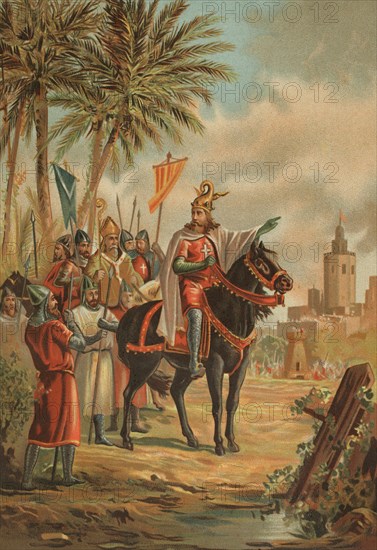 James I the Conqueror (1208-1276). Count of Barcelona and King of Aragon (1213-1276), Valencia (1239-1276) and Majorca (1229-1276). Conquest of Valencia. King James I at the siege of the city of Valencia, 1238. Chromolithography. ""Glorias Espanolas"" (Glories of Spain). Volume II. Published in Barcelona, 1890.