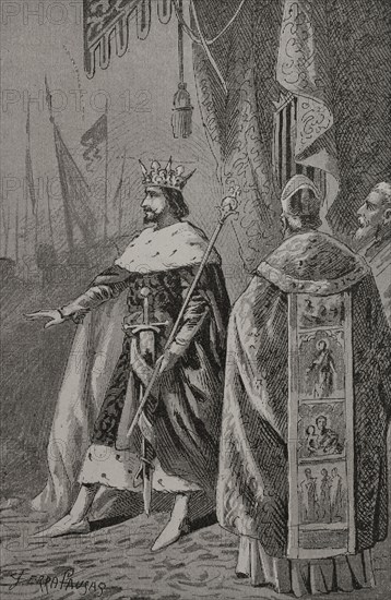 Peter III of Aragon (1240-1285), so-called ""the Great"". King of Aragon, Valencia (as Peter I) and Count of Barcelona (as Peter II). Coronation of Pedro III of Aragon in Saragossa in November 1276. Engraving by Serra Pausas. ""Glorias Espanolas"" (Glories of Spain). Volume II. Published in Barcelona, 1890.