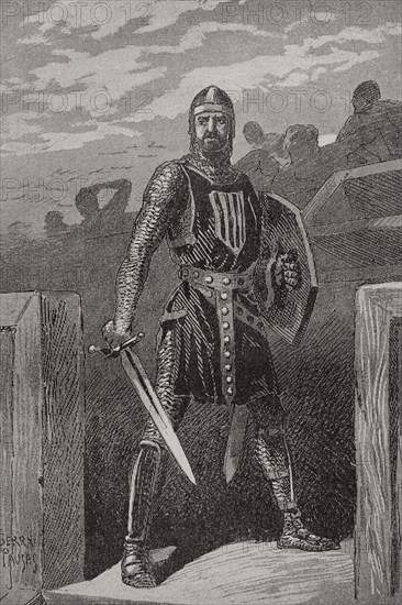 Roger of Lauria (1245-1305). Italian marine and military in the service of the Crown of Aragon as admiral of the kingdom's fleet. Engraving by Serra Pausas. ""Glorias Espanolas"" (Glories of Spain). Volume II. Published in Barcelona, 1890.