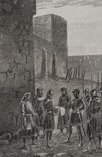 Charles II (1254-1309), King of Naples (1285-1309), declared war on James II of Aragon (1267-1327) in 1289. The King of England intervened and a truce was agreed at the beginning of the naval siege of Gaeta. James and Charles of Anjou agreeing a truce next the walls of Gaeta. Engraving, 19th century. ""Glorias Espanolas"" (Glories of Spain). Volume II. Published in Barcelona, 1890.