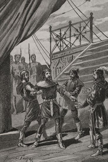 In 1298 the fleet of James II of Aragon (1267-1327) was ordered to attack his brother Frederick II of Sicily (1272-1337), also known as Frederick III, for his refusal to comply with the Treaty of Anagni (20 june 1295). Part of the fleet, commanded by Juan of Lauria, nephew of Admiral Roger of Lauria, was defeated near Messina, being taken prisoner along with many others. Frederick ordered Juan de Lauria to be beheaded, provoking the reaction of King James II and Admiral Roger of Lauria, who attacked and completely defeated the Sicilian fleet in 1299. Prison of Juan of Lauria. Engraving by Serra Pausas. ""Glorias Espanolas"" (Glories of Spain). Volume II. Published in Barcelona, 1890.