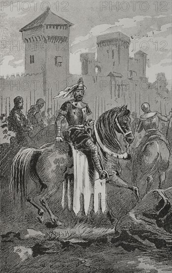 Defence of Byzantium against the Ottomans. The leader of the Great Catalan Company or Almogavars (1303-1305), Roger de Flor (ca. 1267-1305), restraining his Almogavars in the suburb of Pera in Byzantium. Engraving. ""Glorias Espanolas"" (Glories of Spain). Volume II. Published in Barcelona, 1890.