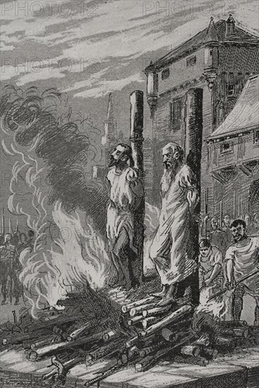 France. Torment of the Knights Templar in Paris. On 12 May 1310, more than fifty Knights Templar were burnt at the stake, accused of heresy and sodomy. Engraving by Serra Pausas. ""Glorias Espanolas"" (Glories of Spain). Volume II. Published in Barcelona, 1890.