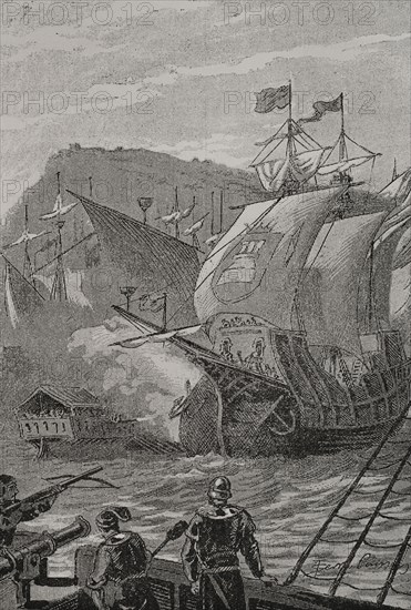 War of the Two Peters (1356-1369). Conflict between King Peter I of Castile (1334-1369) and King Peter IV of Aragon (1319-1387). Battle of Barcelona (1359). The Castilian fleet arrived in Barcelona on 9 June 1359, under the command of Admiral Egidio Boccanegra. The Aragonese fleet succeeded in repulsing an attack that took place and the Castilian fleet fled. The Castilian squadron in the harbour of Barcelona. Engraving by Serra Pausas. ""Glorias Espanolas"" (Glories of Spain). Volume II. Published in Barcelona, 1890.