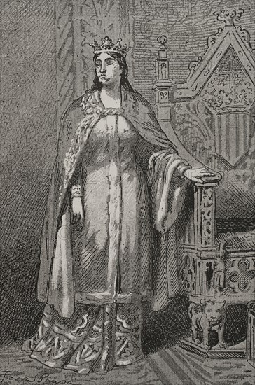 Sibila de Fortia (1350-1406). Queen consort of the Crown of Aragon (1377-1387) by her marriage to Peter IV of Aragon (1319-1387). Portrait. Engraving by Serra Pausas. ""Glorias Espanolas"" (Glories of Spain). Volume II. Published in Barcelona, 1890.