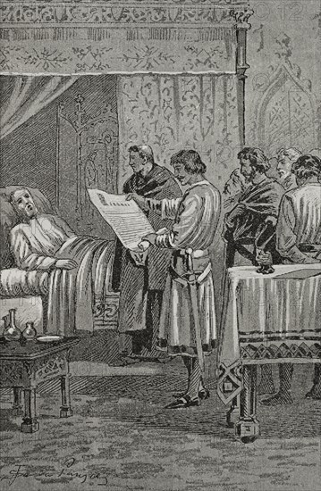 Martin I of Aragon, so-called the Humane (1356-1410). King of Aragon, Valencia, Majorca, Corsica and Sardinia and Count of Barcelona (1396-1410). Martin the Human on his deathbed. Engraving by Serra Pausas. ""Glorias Espanolas"" (Glories of Spain). Volume II. Published in Barcelona, 1890.