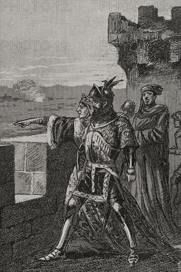 Count of Urgell's revolt (1413-1414). Military insurrection led by James II of Urgel (1380-1433) against King Ferdinand I of Aragon (1380-1416), as a result of the disagreement in the Compromise of Caspe over the election of the successor to the King of Aragon Martin I the Humane. Siege of Balaguer (July-October 1413). James II confined himself to Balaguer, whose troops were led by Ramon Berenguer de Fluvia while awaiting English help. King Ferdinand planned a siege in July 1413, which ended with the count's surrender to the king on 31 October 1413. James and his mother on the battlement of the walls of Balaguer. Engraving. ""Glorias Espanolas"" (Glories of Spain). Volume II. Published in Barcelona, 1890.