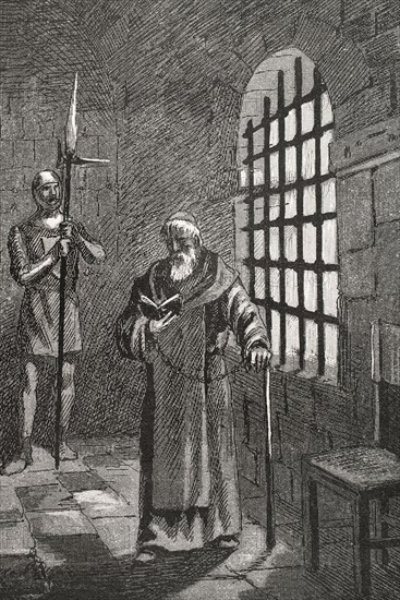 Western Schism (1378-1417). Antipope John XXIII, born Baldasarre Cossa (c. 1370-1419), in prison after being deposed in 1415. Engraving by Serra Pausas. ""Glorias Espanolas"" (Glories of Spain). Volume II. Published in Barcelona, 1890.