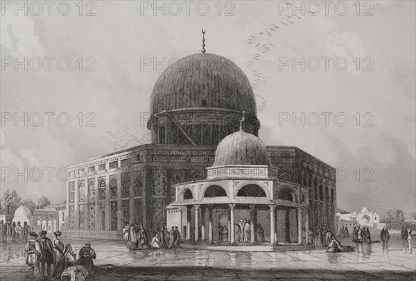 Jerusalem. Dome of the Rock, at the center of the Temple Mount or Jerusalem's Holy Esplanade. Engraving by Ransonnette. ""La Tierra Santa y los lugares recorridos por los profetas, por los apostoles y por los cruzados"" (The Holy Land and the sites traversed by the prophets, by the apostles and by the crusaders). Published in Barcelona by the printing house of Joaquin Verdaguer, 1840.