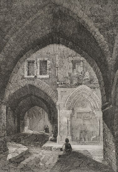 Jerusalem. Vaulted street. Engraving by Emile Rouargue. ""La Tierra Santa y los lugares recorridos por los profetas, por los apostoles y por los cruzados"" (The Holy Land and the sites traversed by the prophets, by the apostles and by the crusaders). Published in Barcelona by the printing house of Joaquin Verdaguer, 1840.