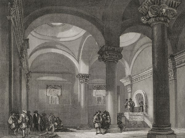 Jerusalem. Interior of the Golden Gate, the oldest entrance to the walls of the Old City. Engraving by Emile Rouargue. ""La Tierra Santa y los lugares recorridos por los profetas, por los apostoles y por los cruzados"" (The Holy Land and the sites traversed by the prophets, by the apostles and by the crusaders). Published in Barcelona by the printing house of Joaquin Verdaguer, 1840.