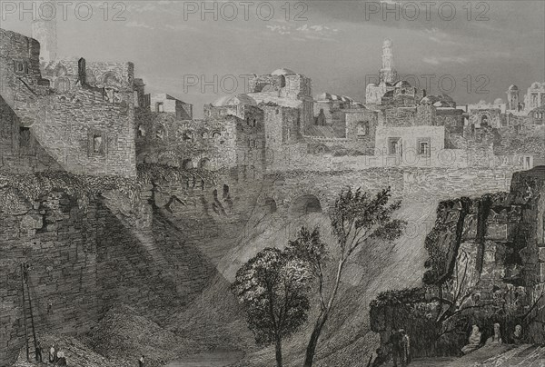 Jerusalem. View from St Stephen's Gate, traditionally known as the Pool of Bethesda. Engraving by Emile Rouargue. ""La Tierra Santa y los lugares recorridos por los profetas, por los apostoles y por los cruzados"" (The Holy Land and the sites traversed by the prophets, by the apostles and by the crusaders). Published in Barcelona by the printing house of Joaquin Verdaguer, 1840.