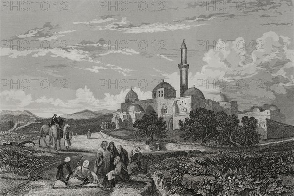 Jerusalem. Mount Zion. Mosque of David. Engraving by Aubert. ""La Tierra Santa y los lugares recorridos por los profetas, por los apostoles y por los cruzados"" (The Holy Land and the sites traversed by the prophets, by the apostles and by the crusaders). Published in Barcelona by the printing house of Joaquin Verdaguer, 1840.