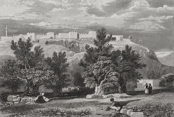 Jerusalem. Garden of Olives. Engraving by Aubert. ""La Tierra Santa y los lugares recorridos por los profetas, por los apostoles y por los cruzados"" (The Holy Land and the sites traversed by the prophets, by the apostles and by the crusaders). Published in Barcelona by the printing house of Joaquin Verdaguer, 1840.