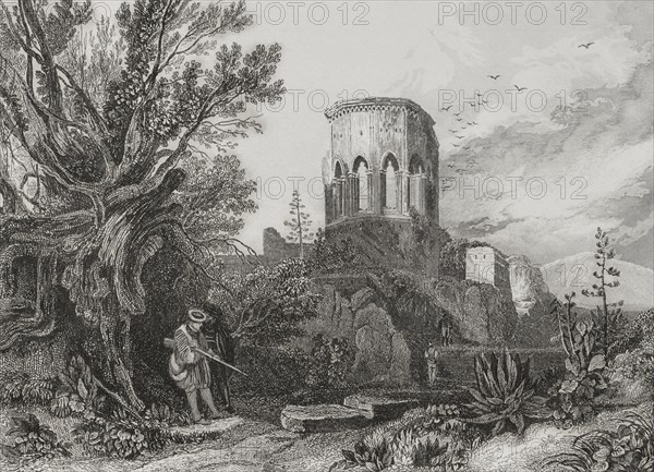 Samaria. Ruins of the city in the mountainous region of ancient Canaan. Engraving by Aubert. ""La Tierra Santa y los lugares recorridos por los profetas, por los apostoles y por los cruzados"" (The Holy Land and the sites traversed by the prophets, by the apostles and by the crusaders). Published in Barcelona by the printing house of Joaquin Verdaguer, 1840.