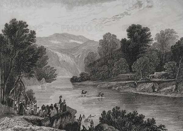 Banks of the Jordan River. Engraving by Aubert. ""La Tierra Santa y los lugares recorridos por los profetas, por los apostoles y por los cruzados"" (The Holy Land and the sites traversed by the prophets, by the apostles and by the crusaders). Published in Barcelona by the printing house of Joaquin Verdaguer, 1840.