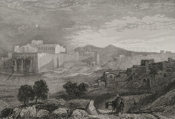 Bethlehem. General view. Engraving by Aubert. ""La Tierra Santa y los lugares recorridos por los profetas, por los apostoles y por los cruzados"" (The Holy Land and the sites traversed by the prophets, by the apostles and by the crusaders). Published in Barcelona by the printing house of Joaquin Verdaguer, 1840.