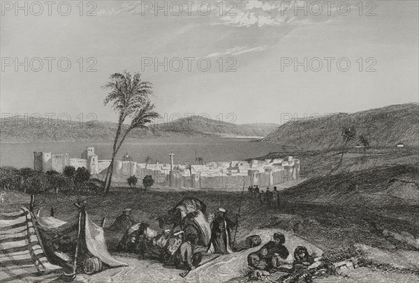 Tiberias and the Sea of Galilee. Engraving by Emile Rouargue. ""La Tierra Santa y los lugares recorridos por los profetas, por los apostoles y por los cruzados"" (The Holy Land and the sites traversed by the prophets, by the apostles and by the crusaders). Published in Barcelona by the printing house of Joaquin Verdaguer, 1840.