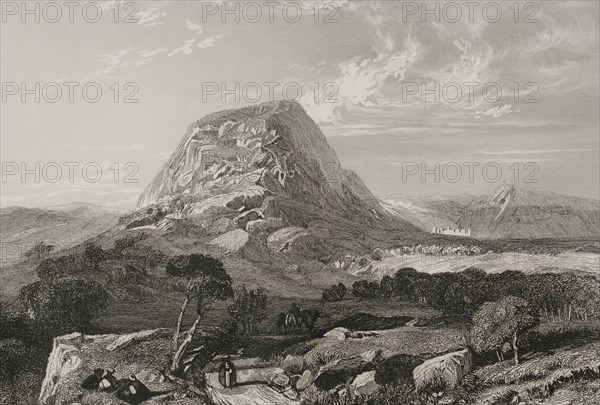 Mount Tabor. Lower Galilee. Engraving by Emile Rouargue. ""La Tierra Santa y los lugares recorridos por los profetas, por los apostoles y por los cruzados"" (The Holy Land and the sites traversed by the prophets, by the apostles and by the crusaders). Published in Barcelona by the printing house of Joaquin Verdaguer, 1840.