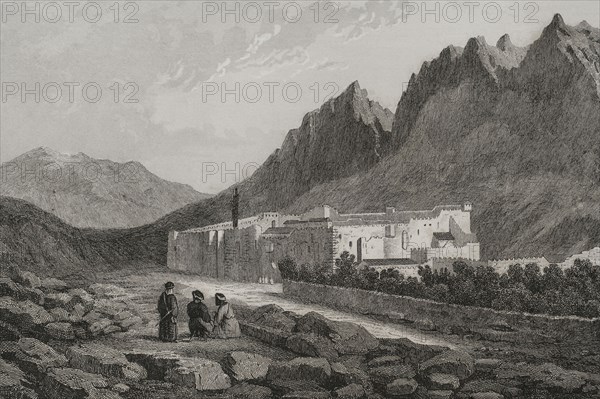 Saint Catherine's Monastery. Located at the foot of Mount Sinai. Engraving by Ransonnette. ""La Tierra Santa y los lugares recorridos por los profetas, por los apostoles y por los cruzados"" (The Holy Land and the sites traversed by the prophets, by the apostles and by the crusaders). Published in Barcelona by the printing house of Joaquin Verdaguer, 1840.