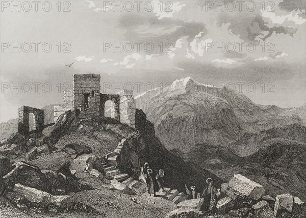 Summit of Mount Sinai. Ruins of a temple. Engraving by Emile Rouargue. ""La Tierra Santa y los lugares recorridos por los profetas, por los apostoles y por los cruzados"" (The Holy Land and the sites traversed by the prophets, by the apostles and by the crusaders). Published in Barcelona by the printing house of Joaquin Verdaguer, 1840.