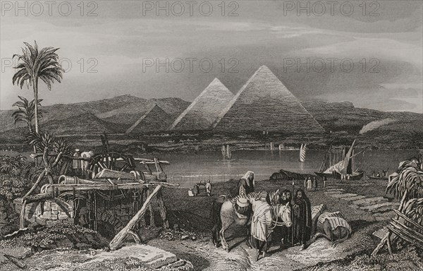 Egypt. Pyramids from the banks of the Nile. Site were the ancient city of Memphis stood. Engraving by Emile Rouargue. ""La Tierra Santa y los lugares recorridos por los profetas, por los apostoles y por los cruzados"" (The Holy Land and the sites traversed by the prophets, by the apostles and by the crusaders). Published in Barcelona by the printing house of Joaquin Verdaguer, 1840.