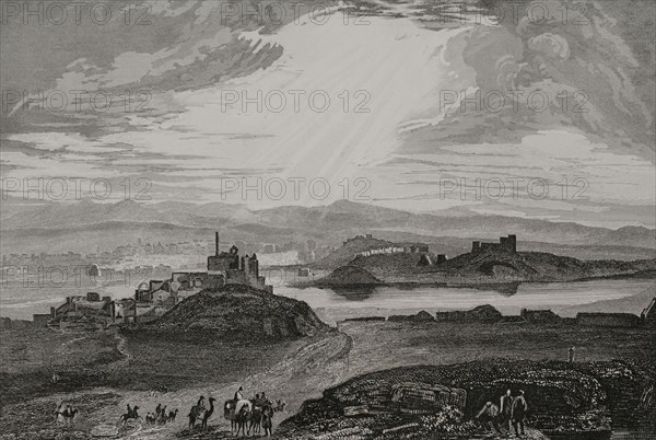 Ancient Mesopotamia. Nineveh (near the present-day Mosul, Iraq). Panoramic view of the city alongside the Tigris River. Engraving by Aubert. ""La Tierra Santa y los lugares recorridos por los profetas, por los apostoles y por los cruzados"" (The Holy Land and the sites traversed by the prophets, by the apostles and by the crusaders). Published in Barcelona by the printing house of Joaquin Verdaguer, 1840.