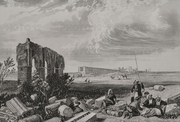 Tyre (currently in Lebanese territory). Engraving by Aubert. ""La Tierra Santa y los lugares recorridos por los profetas, por los apostoles y por los cruzados"" (The Holy Land and the sites traversed by the prophets, by the apostles and by the crusaders). Published in Barcelona by the printing house of Joaquin Verdaguer, 1840.