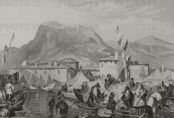 Greece. Corinth, Port of Kenkries. Engraving by Aubert. ""La Tierra Santa y los lugares recorridos por los profetas, por los apostoles y por los cruzados"" (The Holy Land and the sites traversed by the prophets, by the apostles and by the crusaders). Published in Barcelona by the printing house of Joaquin Verdaguer, 1840.