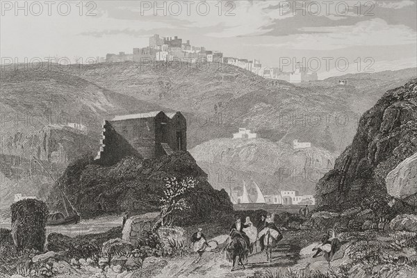 Patmos. Engraving by Aubert. ""La Tierra Santa y los lugares recorridos por los profetas, por los apostoles y por los cruzados"" (The Holy Land and the sites traversed by the prophets, by the apostles and by the crusaders). Published in Barcelona by the printing house of Joaquin Verdaguer, 1840.